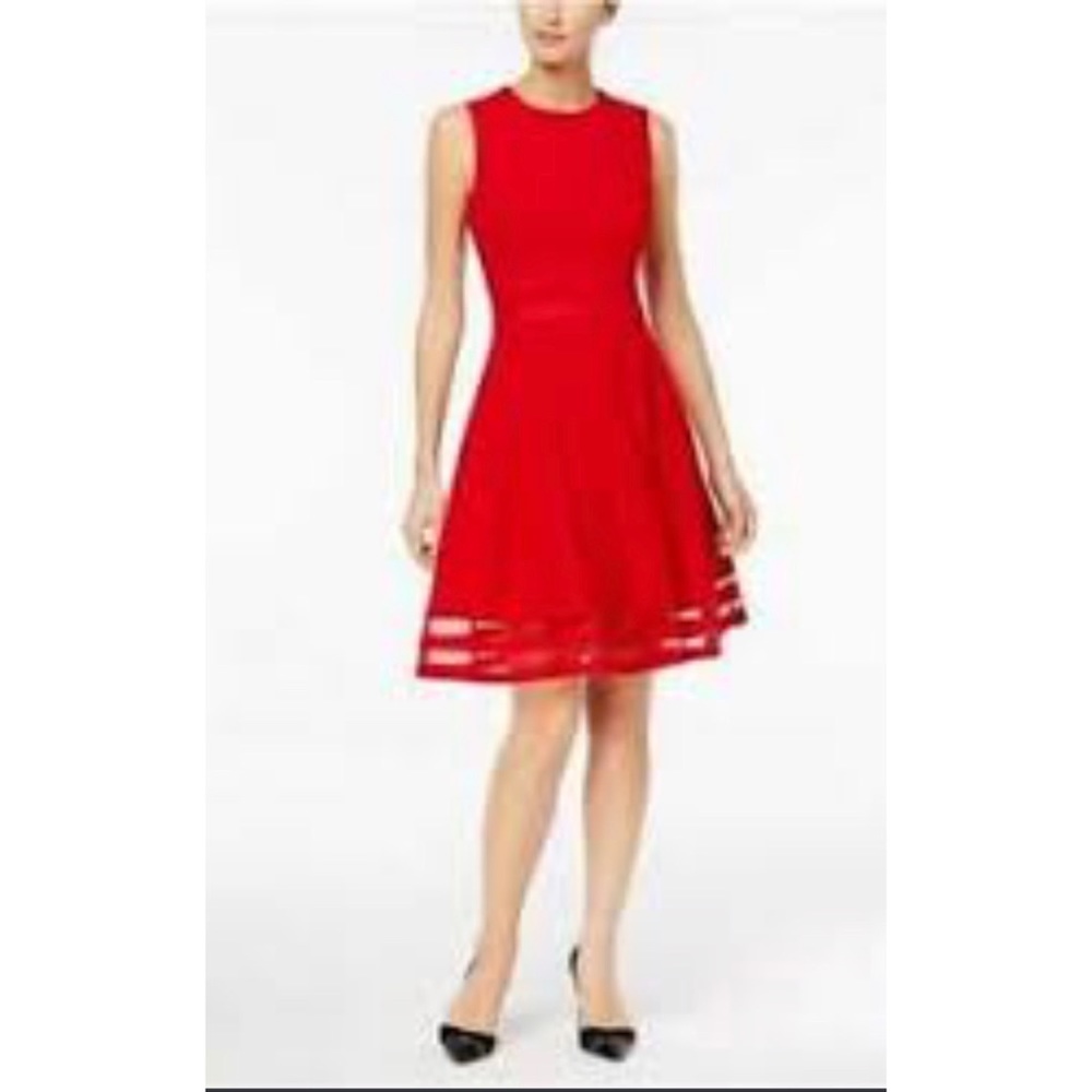 Illusion-trim red fitted & flare dress.